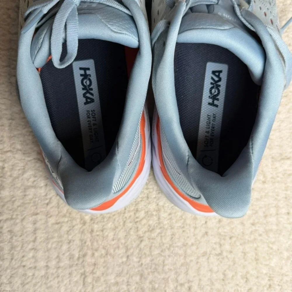 Hoka One One Clifton 8 Blue Fog Orange Running Shoes 1119394 BFPA Womens 9.5 B